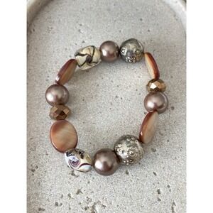 Boho Stretch Bracelet Mixed Beads Faux Pearl‎ Shell Acrylic Bronze Tone Chunky